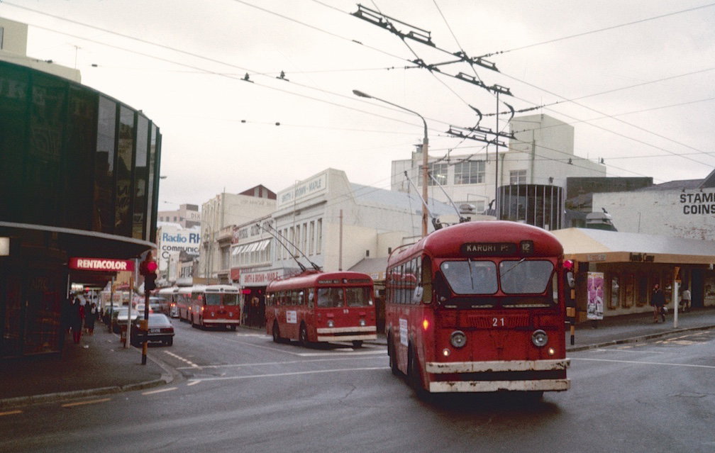 BUT trolleybuses in Wellington in 1981, turning onto Willis St from Manners St, Wellington, New Zealand, 1981