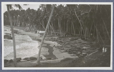 EU: Palmenstrand bij Mount Lavinia (Colombo) op Ceylon met boten en branding (1900), Colombo, 1900