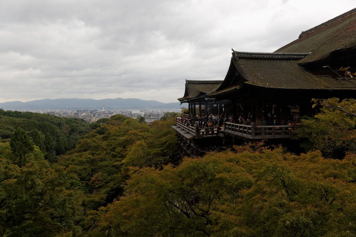 Veranda and main building, Kyoto Tower in the distance, Kyoto, Japan, 2013