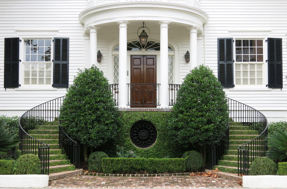 Portico and double staircase, 37 King Street (1910), Charleston, SC, Charleston, South Carolina, USA, 2013