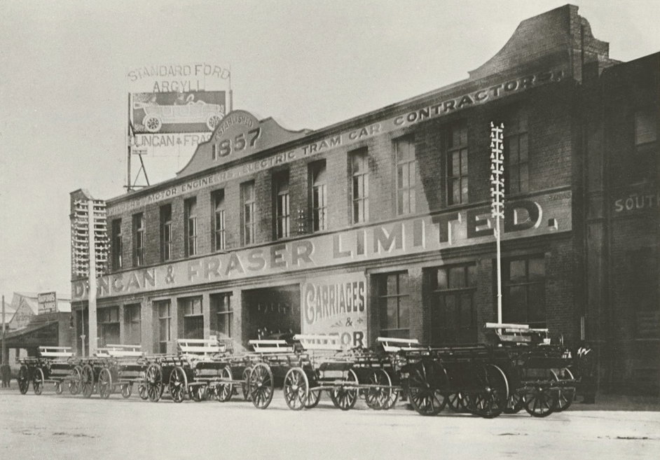 Duncan and Fraser factory in Franklin Street, Adelaide (north side) with general service wagons built for the Australian Army, ca 1915 (SLSA B 38794), Adelaide, Australia, 1915