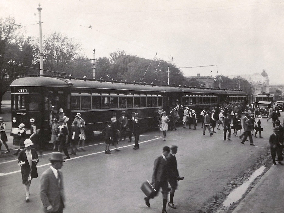Three coupled Type H trams, Victoria Square, Adelaide, ca 1930 (SLSA B-37390), Adelaide, Australia, 1930