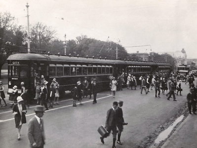 Three coupled Type H trams, Victoria Square, Adelaide, ca 1930 (SLSA B-37390), Adelaide, 1930