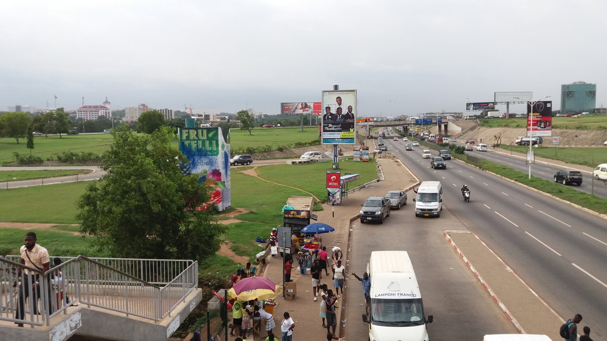 Street hawking under Tetteh Quarshie overhead footbridge 1, Accra, Ghana, 2016