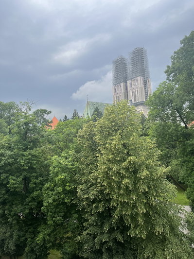 The Zagreb cathedral with the dark sky above it, Zagreb, 2024