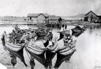 EU: Puno-Peru, balsa boats at port (1979), Puno, 1979