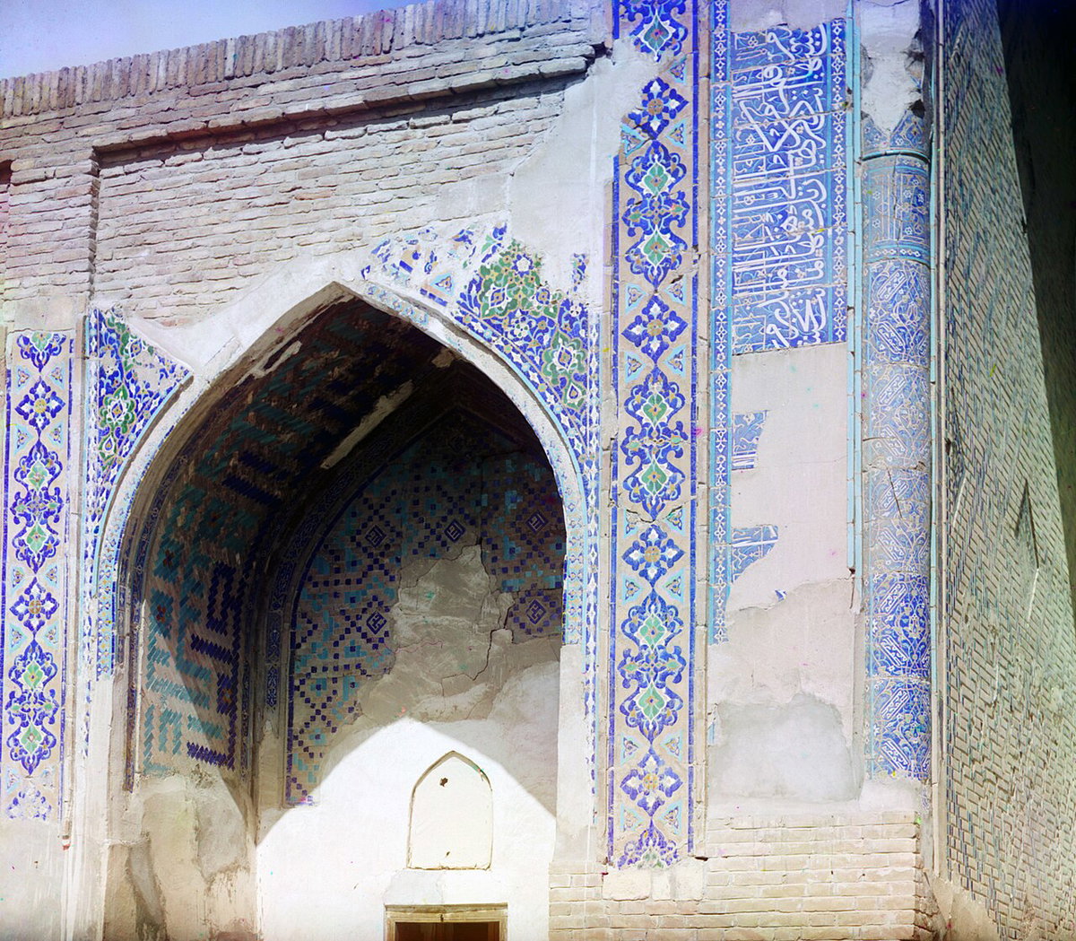 Detail of Uluk-Bek (to the right of the entrance). Samarkand, Samarkand, Uzbekistan, 1909