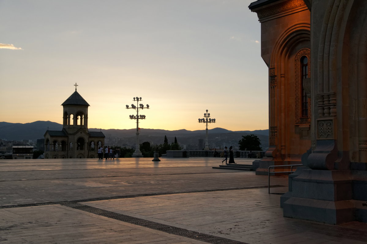 Sameba Cathedral, Courtyard, Sunset, Dusk, Tbilisi, Georgia, Tbilisi, Georgia, 2014