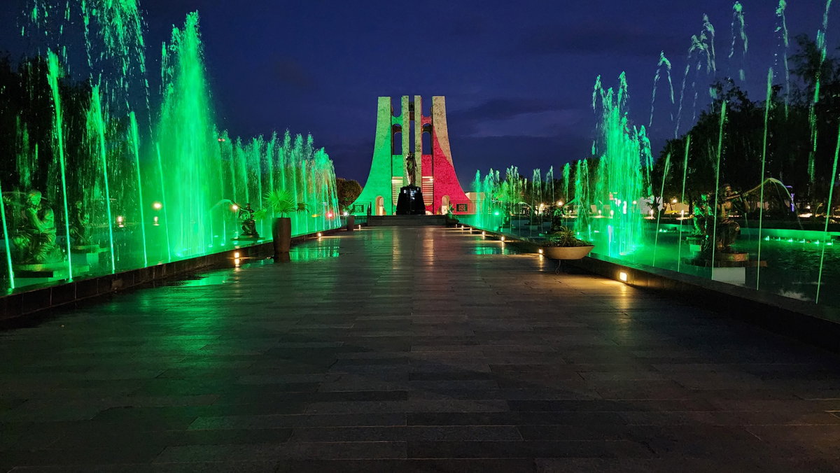 Kwame Nkrumah Mausoleum and Memorial Park Fountain at Night, Accra, Ghana, 2023