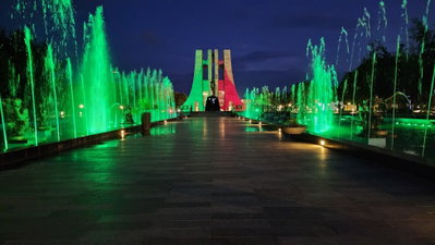 Kwame Nkrumah Mausoleum and Memorial Park Fountain at Night, Accra, 2023