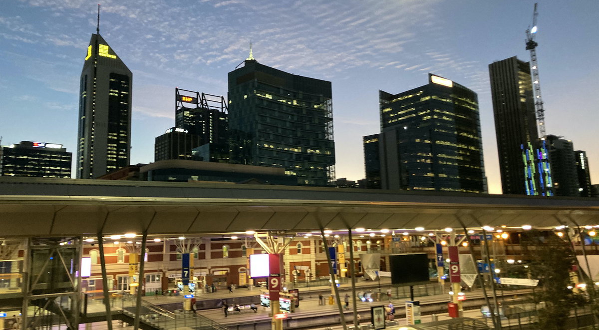 Perth CBD sunset skyline from Perth railway station, Perth, Australia, 2021