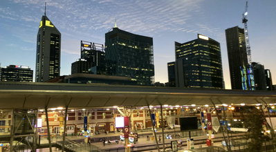 Perth CBD sunset skyline from Perth railway station, Perth, 2021