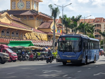 Bus 150 in front of Binh Tay market, Ho Chi Minh City, 2023