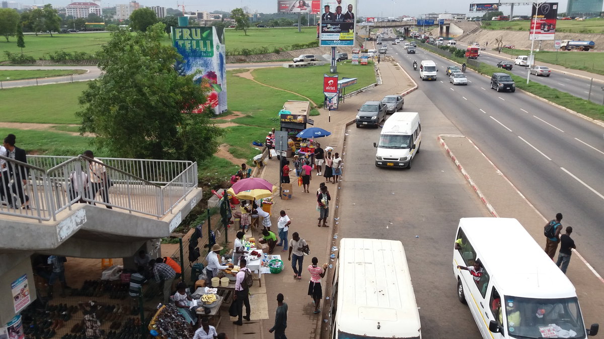 Street hawking under Tetteh Quarshie overhead footbridge 2, Accra, Ghana, 2016