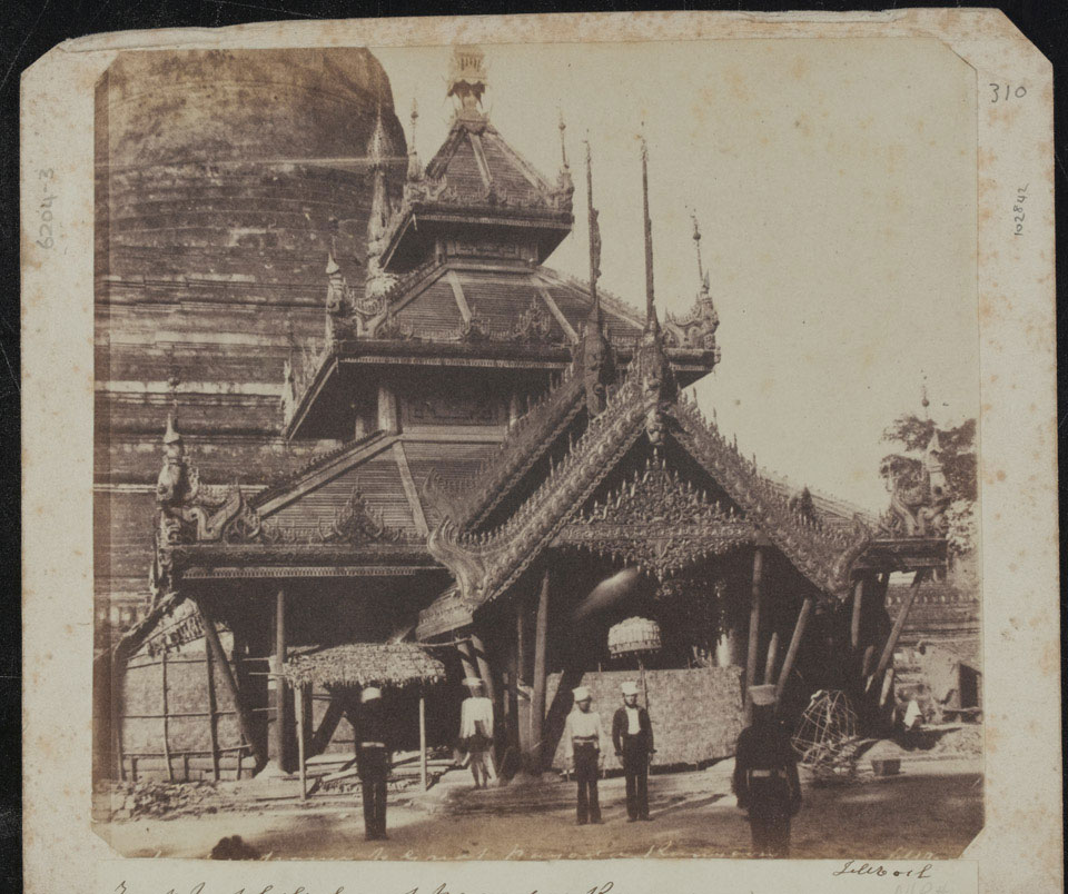 East vestibule of the Great Pagoda (Shwesandaw or Temple of the Golden Hair Relic) at Rangoon, Burma, by John McCosh, Yangon, Myanmar, 1852