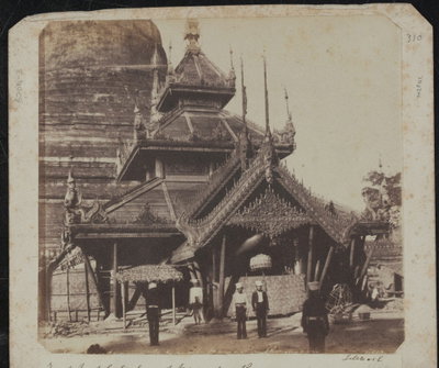 East vestibule of the Great Pagoda (Shwesandaw or Temple of the Golden Hair Relic) at Rangoon, Burma, by John McCosh, Yangon, 1852