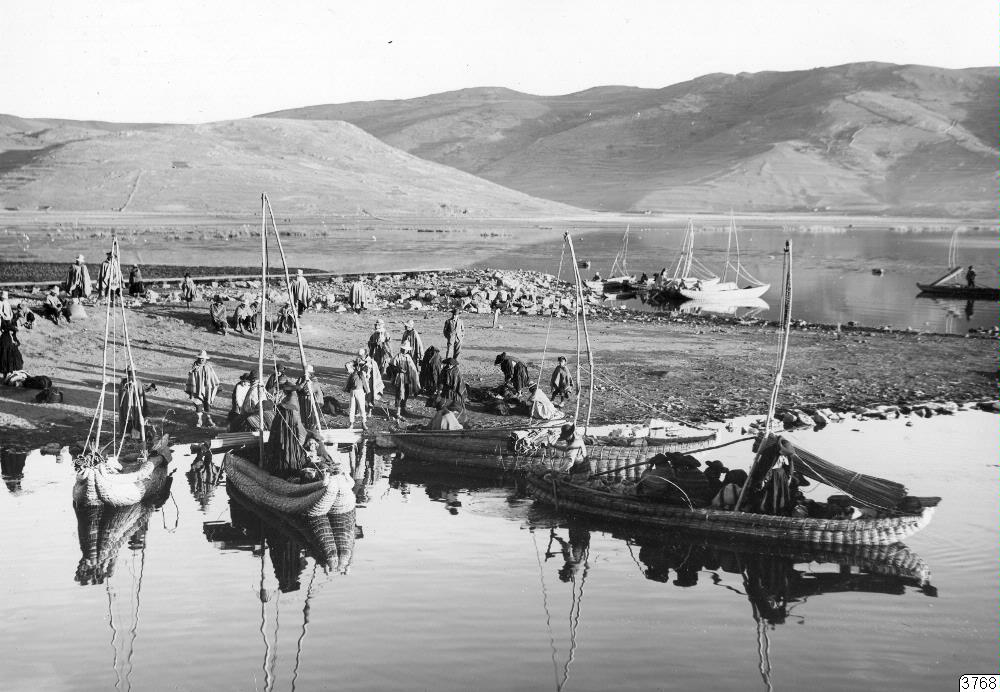 EU: balsabåt, indianska, chuño, hamn, fotografi, photograph (1928), Puno, Peru, 1928