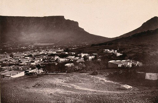 EU: Cape Town, South Africa: part of the city with Table Mountain and Lion's Head. Woodburytype, after a photograph by Robert Harris (1888), Cape Town, South Africa, 1888