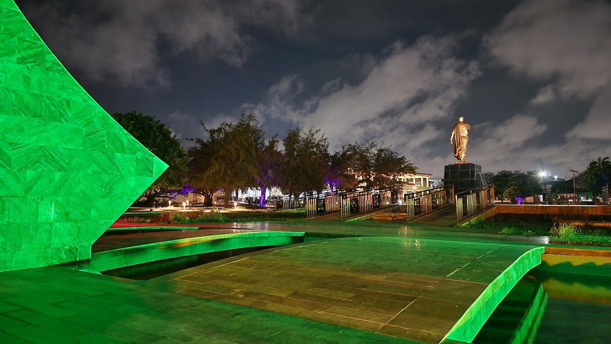 Kwame Nkrumah Monument at night wide shot, Accra, Ghana, 2023