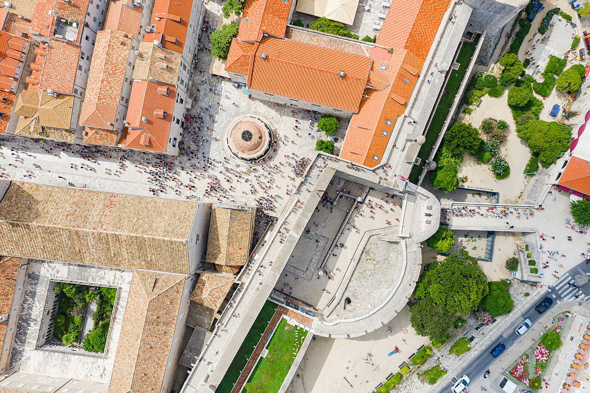 Aerial view of Pile Gate in the Old Town of Dubrovnik, Croatia, Dubrovnik, Croatia, 2019