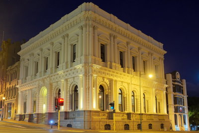 Bank of New Zealand building at night, Dunedin, 2023