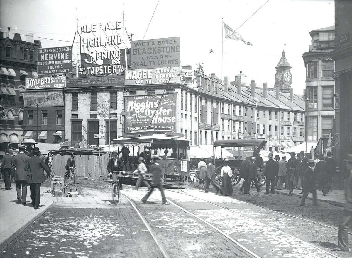 Looking northeast from Tremont Street into Scollay Square, August, Boston, United States, 1897