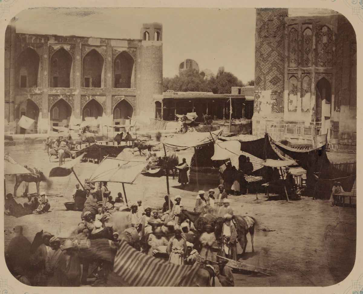 Samarkand Bazaar and Its Types of Vendors. Market Square between Three Madrasahs (Registan), Samarkand, Uzbekistan, 1868