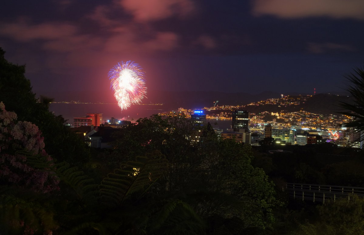 Colourful fireworks display over Wellington harbour and city, Wellington, New Zealand, 2015