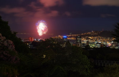 Colourful fireworks display over Wellington harbour and city, Wellington, 2015