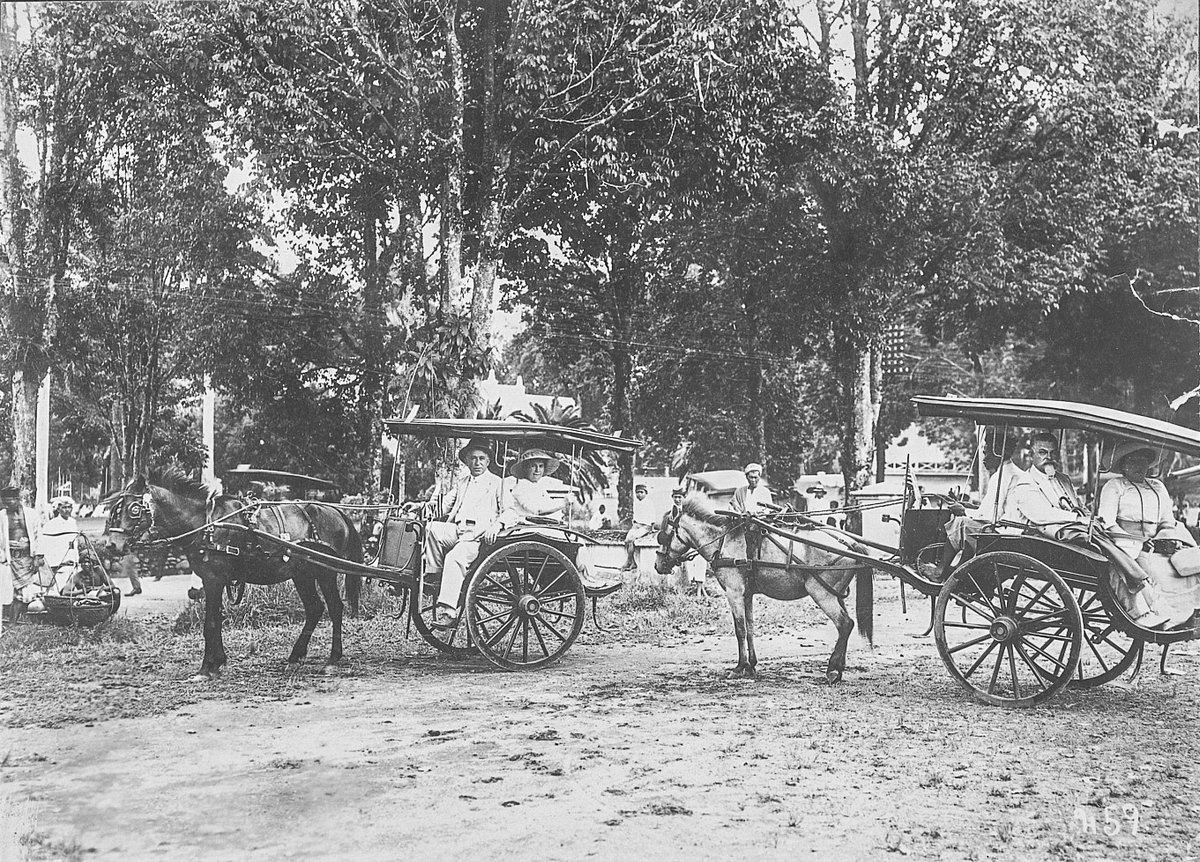 EU: Batavia (Jakarta), Indonesien. Dos-à-dos-Einspänner mit Touristen der Hapag, umgeben von einheimischen Händlern, auf einer breiten Allee (1913), Jakarta, Indonesia, 1913