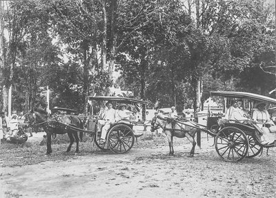 EU: Batavia (Jakarta), Indonesien. Dos-à-dos-Einspänner mit Touristen der Hapag, umgeben von einheimischen Händlern, auf einer breiten Allee (1913), Jakarta, 1913