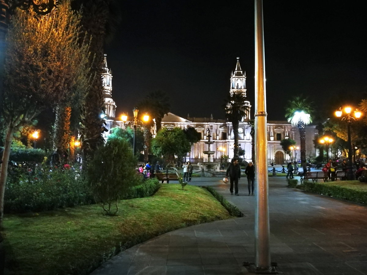 Plaza de Armas d'Arequipa de nit amb la catedral al fons, Arequipa, Peru, 2017