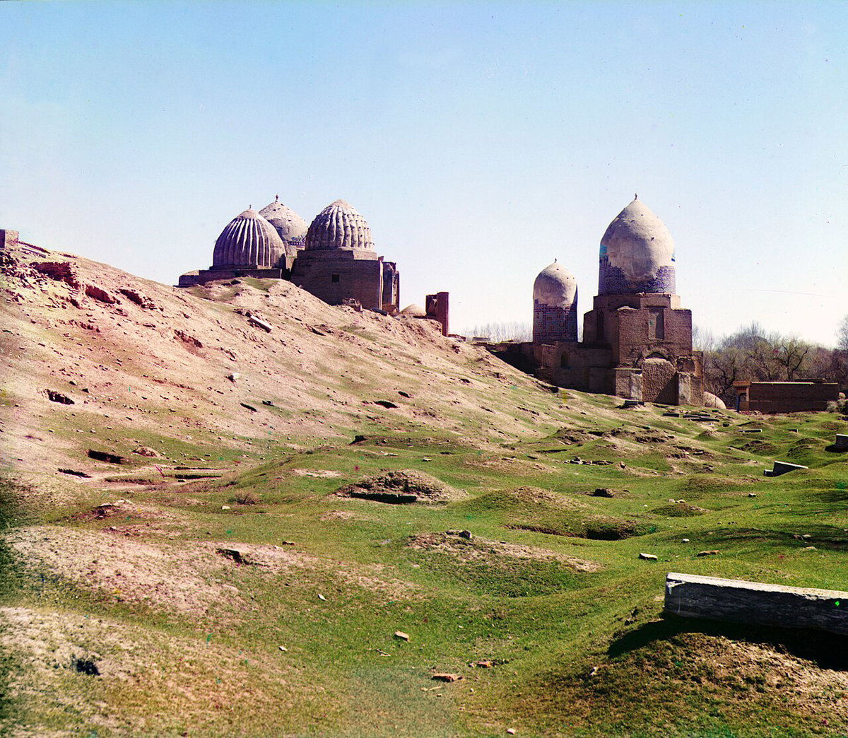 General view of Shakh-i Zindeh mosque, from the northwest. Samarkand, Samarkand, Uzbekistan, 1905