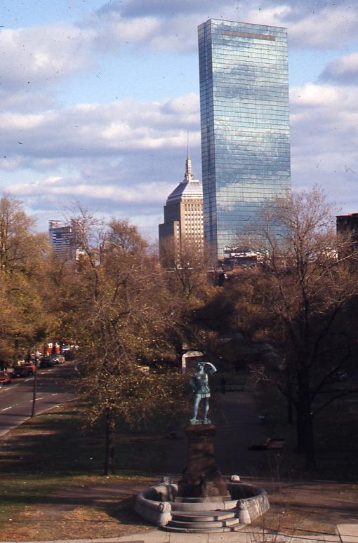 Leif Erikson statue and John Hancock Tower (1), November, Boston, United States, 1975