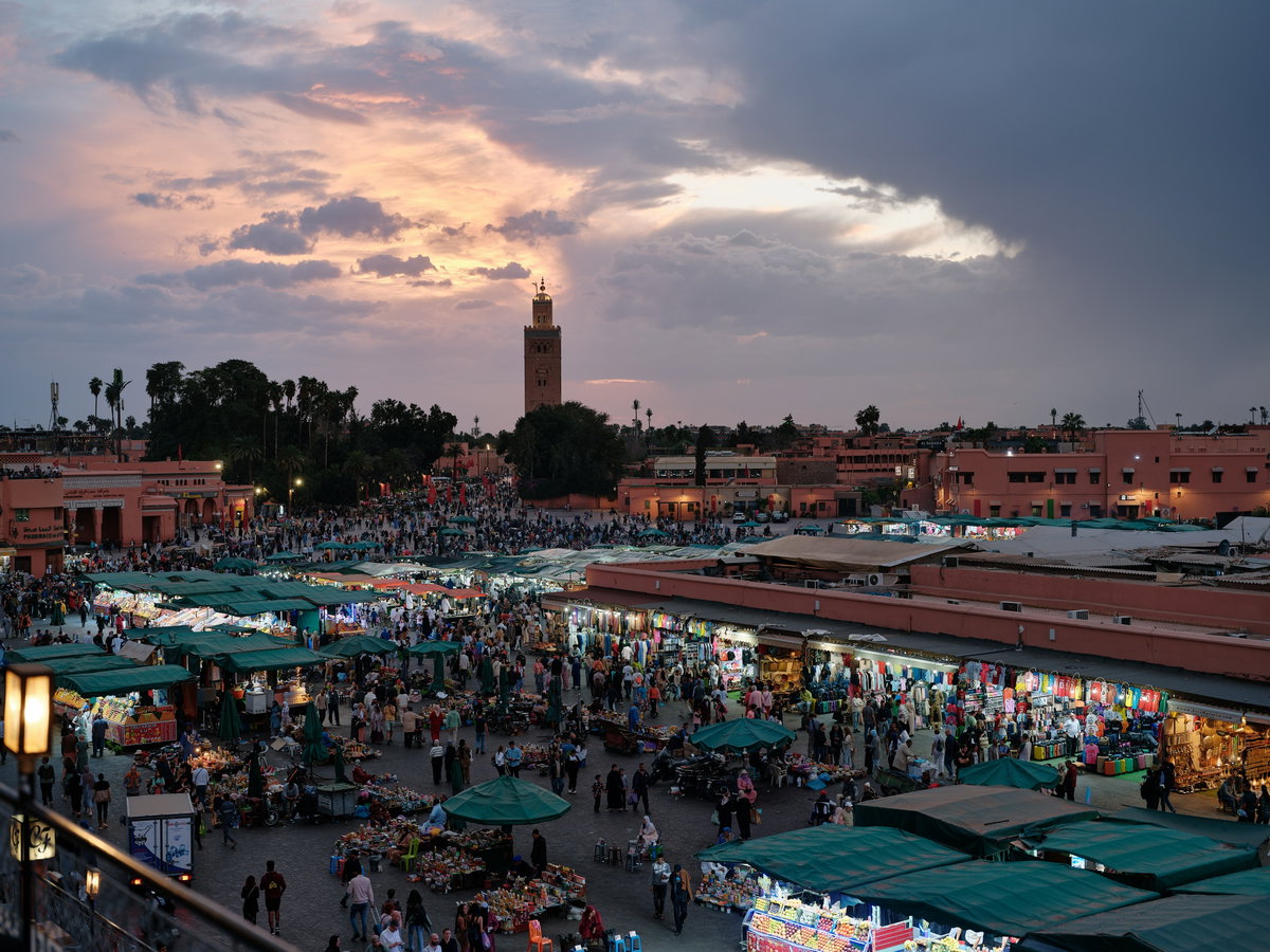 Jemaa el-Fnaa Marrakech at sunset, Marrakech, Morocco, 2024