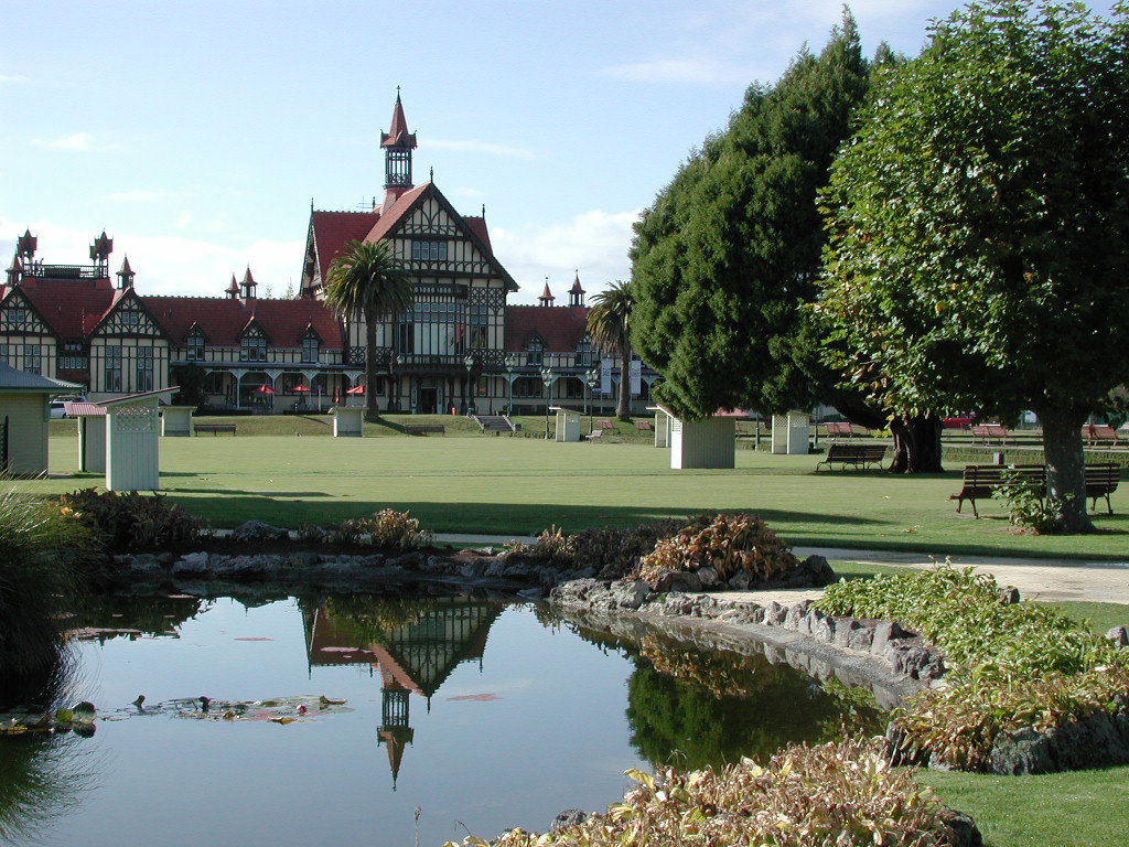 Rotorua Bath House reflecting in pond, Rotorua, New Zealand, 2011