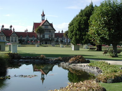 Rotorua Bath House reflecting in pond, Rotorua, 2011