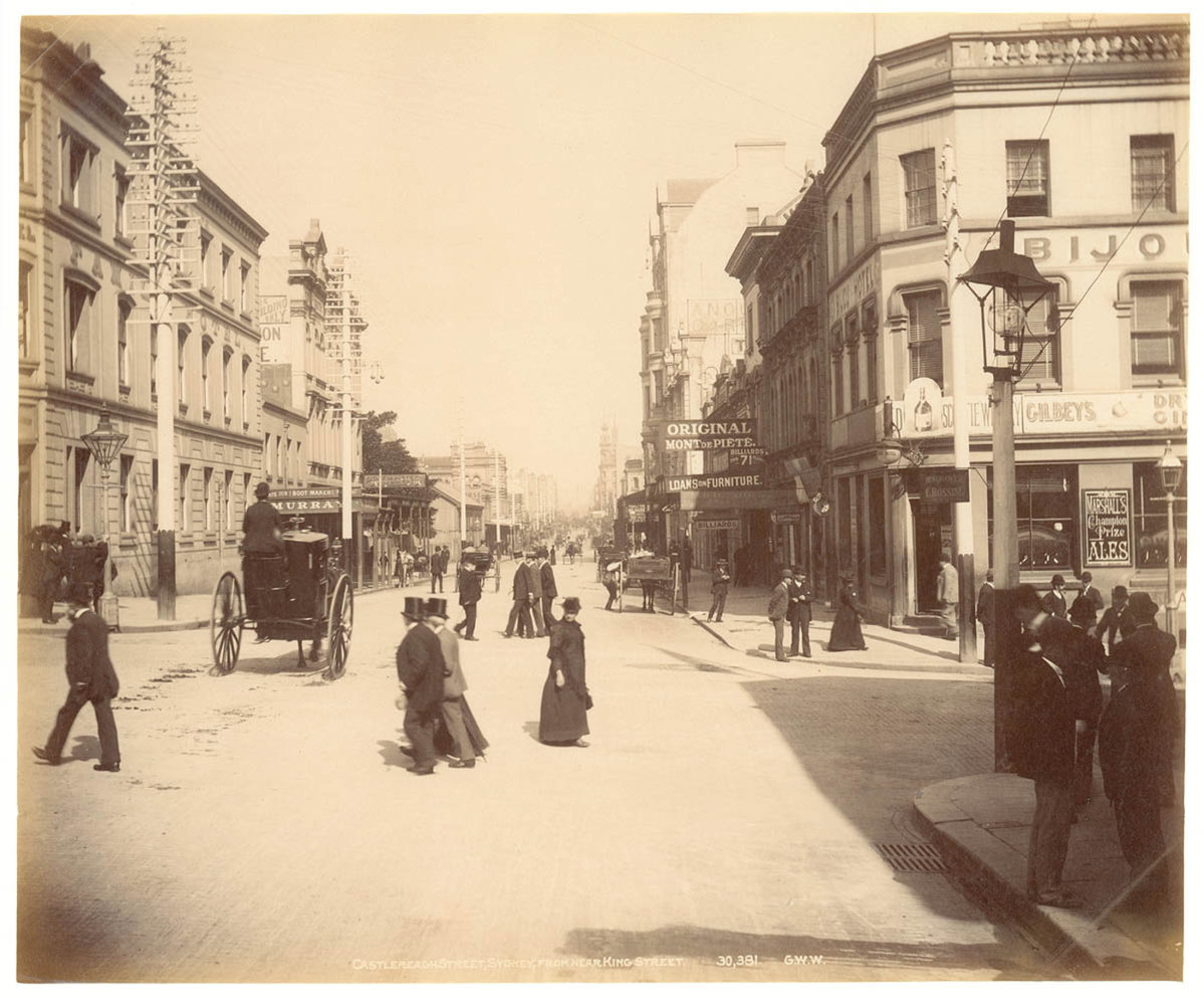 Castlereagh St, Sydney, from near King St from Fred Hardie - Photographs of Sydney, Newcastle, New South Wales and Aboriginals for George Washington Wilson & Co, Sydney, Australia, 1892