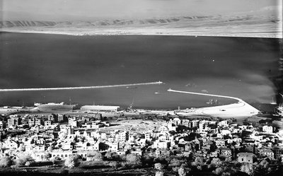 Haifa, looking across the bay from Carmel showing harbour & Acre beyond. between 1934 and, Haifa, 1936