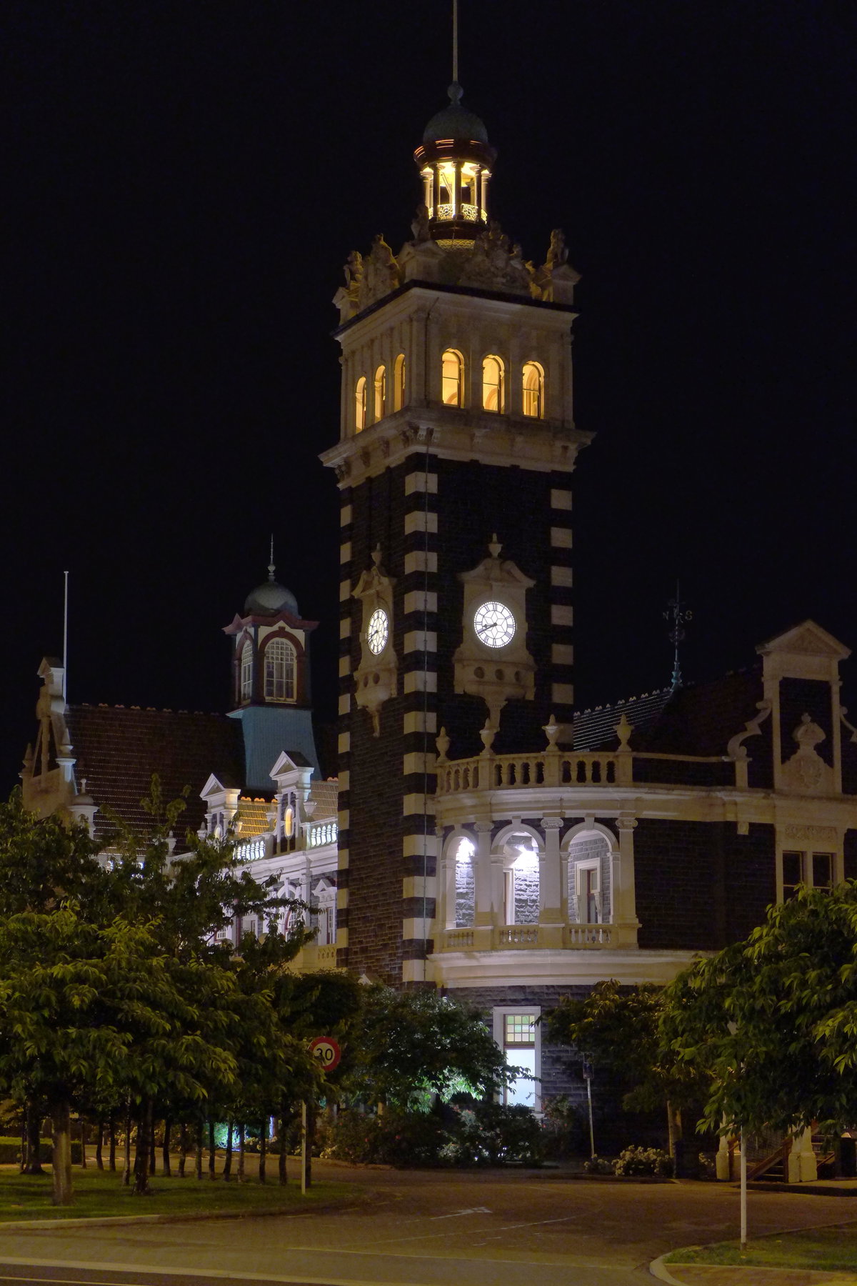 Dunedin Railway Station (clock tower) at night, Dunedin, New Zealand, 2013