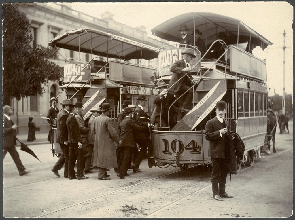 Horse trams loading on Wakefield Street Adelaide, ca 1909 (SLSA B-4398), Adelaide, Australia, 1909