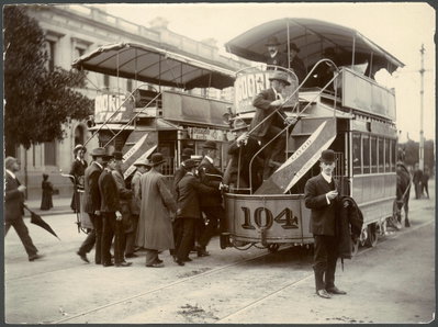 Horse trams loading on Wakefield Street Adelaide, ca 1909 (SLSA B-4398), Adelaide, 1909