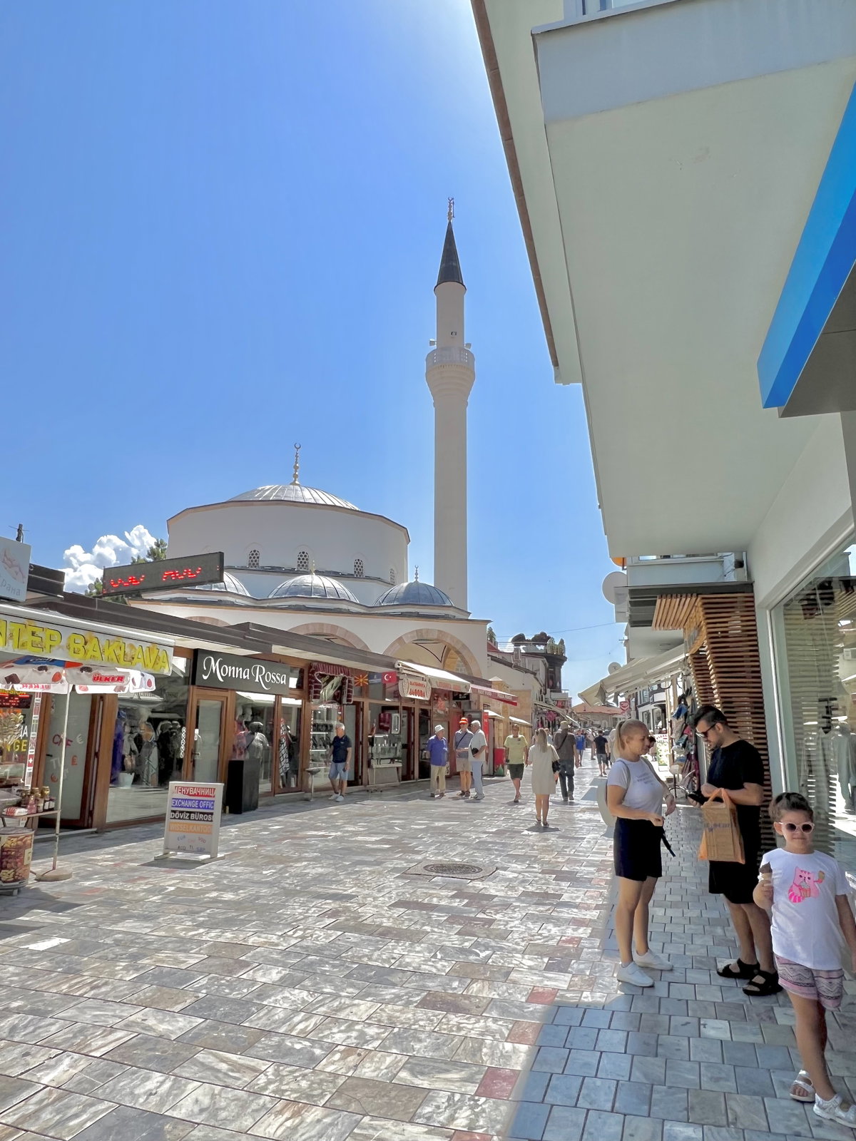 Ohrid, North Macedonia - Ali Pasha Mosque seen from street of shops, Ohrid, North Macedonia, 2022