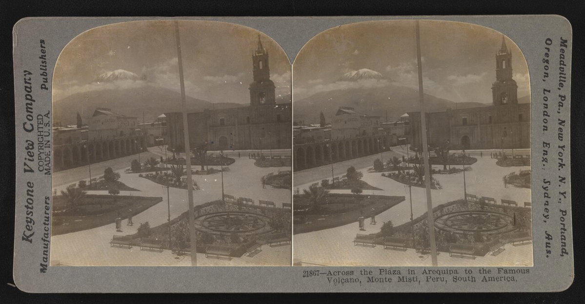 Across the plaza in Arequipa to the famous volcano, Monte Misti, Peru, South America, Arequipa, Peru, 1900