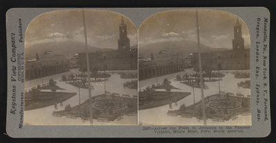 Across the plaza in Arequipa to the famous volcano, Monte Misti, Peru, South America, Arequipa, 1900