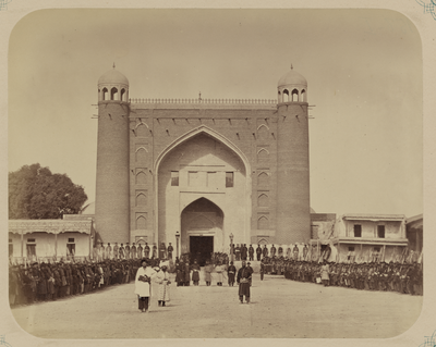 Kokand Khanate. Gate of the Kokand Palace in the City of Kokand. Exterior View, with Soldiers of the Kokand Khan's Army Standing Outside the Entrance, Kokand, 1868