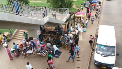 Street hawking under Tetteh Quarshie overhead footbridge 3, Accra, 2016