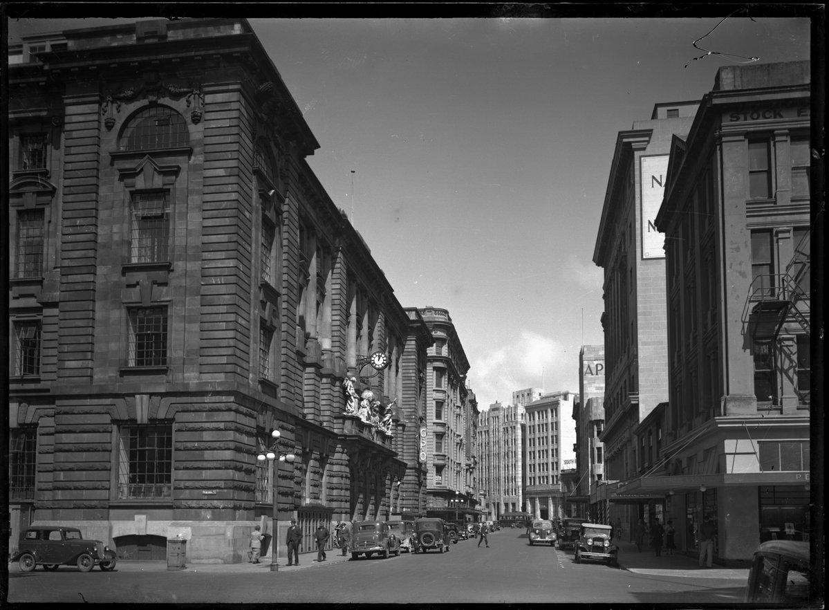 View of Wellington City along Featherston Street with the General Post Office on the left looking towards Lambton Quay, Circa early, Wellington, New Zealand, 1933