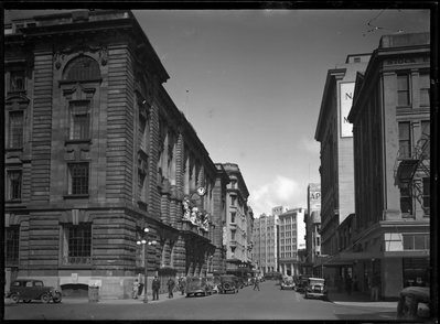 View of Wellington City along Featherston Street with the General Post Office on the left looking towards Lambton Quay, Circa early, Wellington, 1933