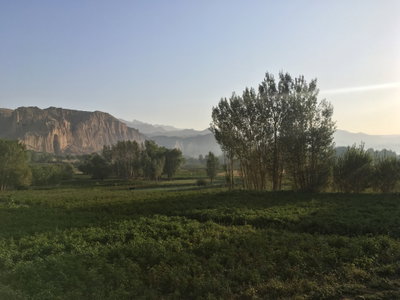 Morning view to Buddha from the road April, Bamyan, 2021
